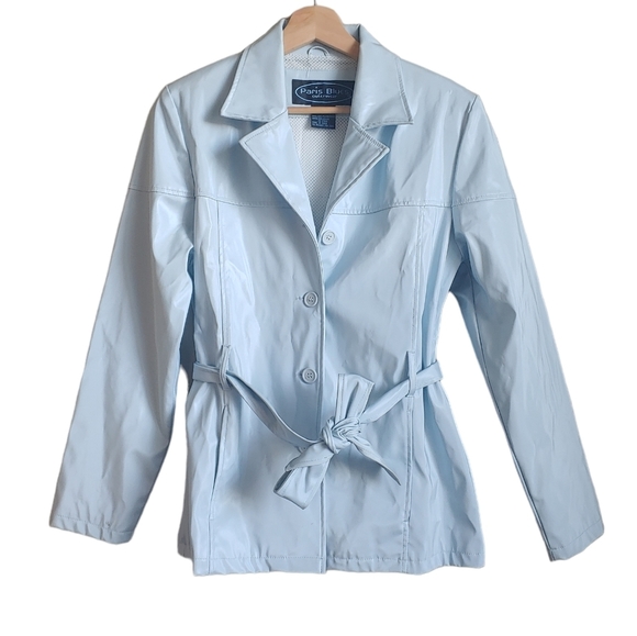 Vintage Jackets & Blazers - Y2K Light Blue 100% Nylon Trendy Paris Blues Outwear Trench Collared Coat Size M